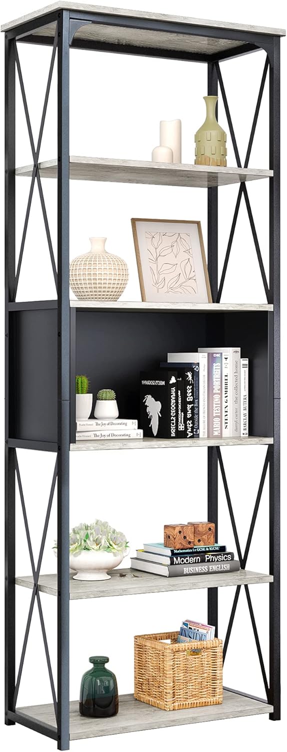 Bestier Industrial Bookshelf 5 Tier Bookcase Storage Display Shelves Organizer Free Standing Open Shelf Book Shelf for Living Room Bedroom and Office, Wash White and Black