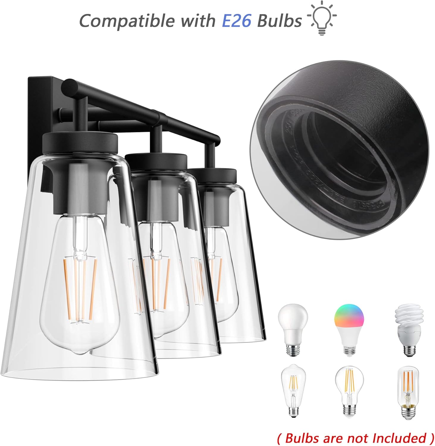 Aipsun Black Vanity Light Farmhouse Bathroom Light Fixtures Clear Glass Shade 3 Lights Wall Light Fixtures(Exclude Bulb)