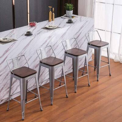 Metal Barstools Set of 4 Counter Bar Stools with Wood Top Low Back Matte Black Williston Forge Color: Silver, Seat Height: Bar S