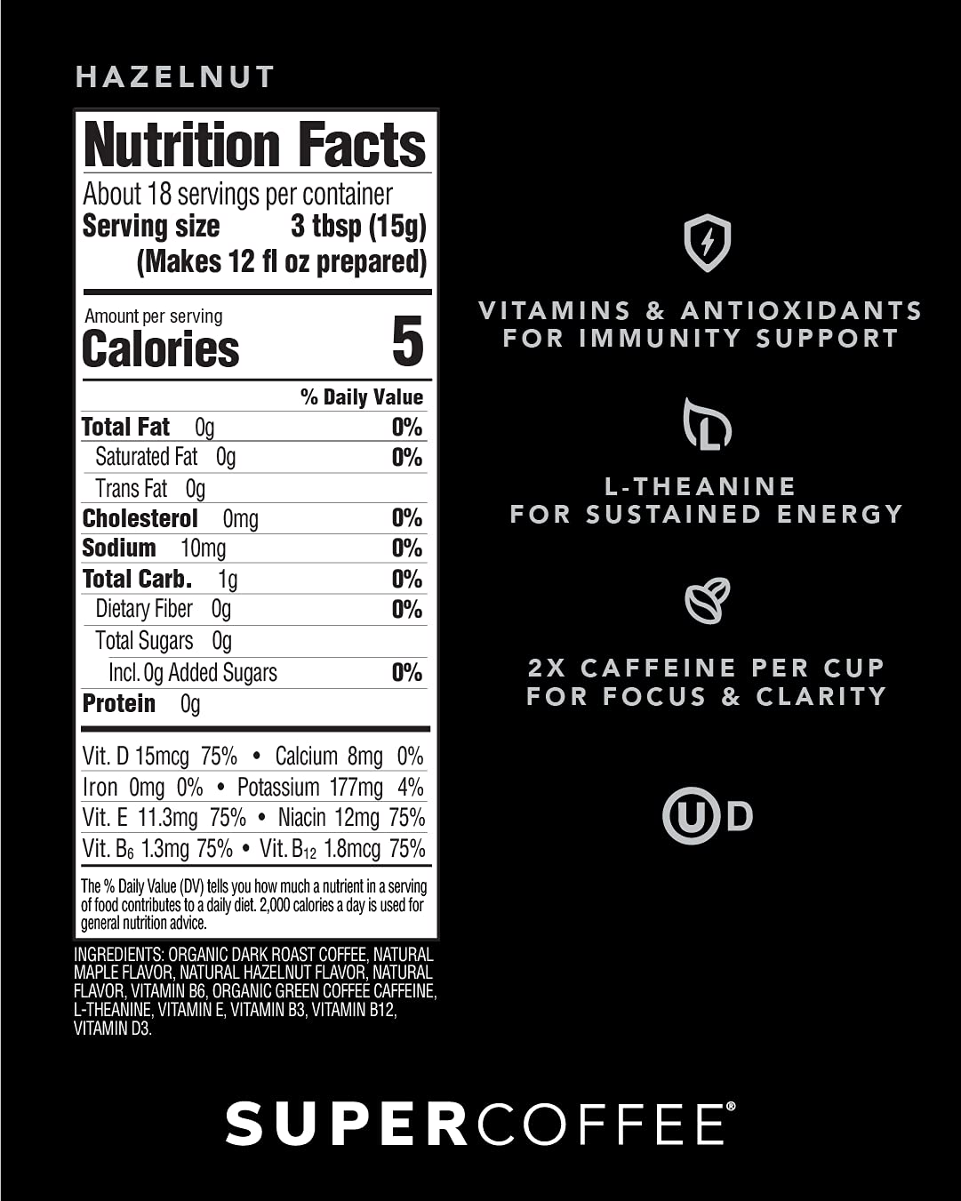 Super Coffee Grounds Energy & Immunity (2x Caffeine, Vitamins, Antioxidants) [Hazelnut] 10 Oz, 6 Pack | Keto Friendly Ground Coffee, 100% Arabica Coffee Ground Pack of 2