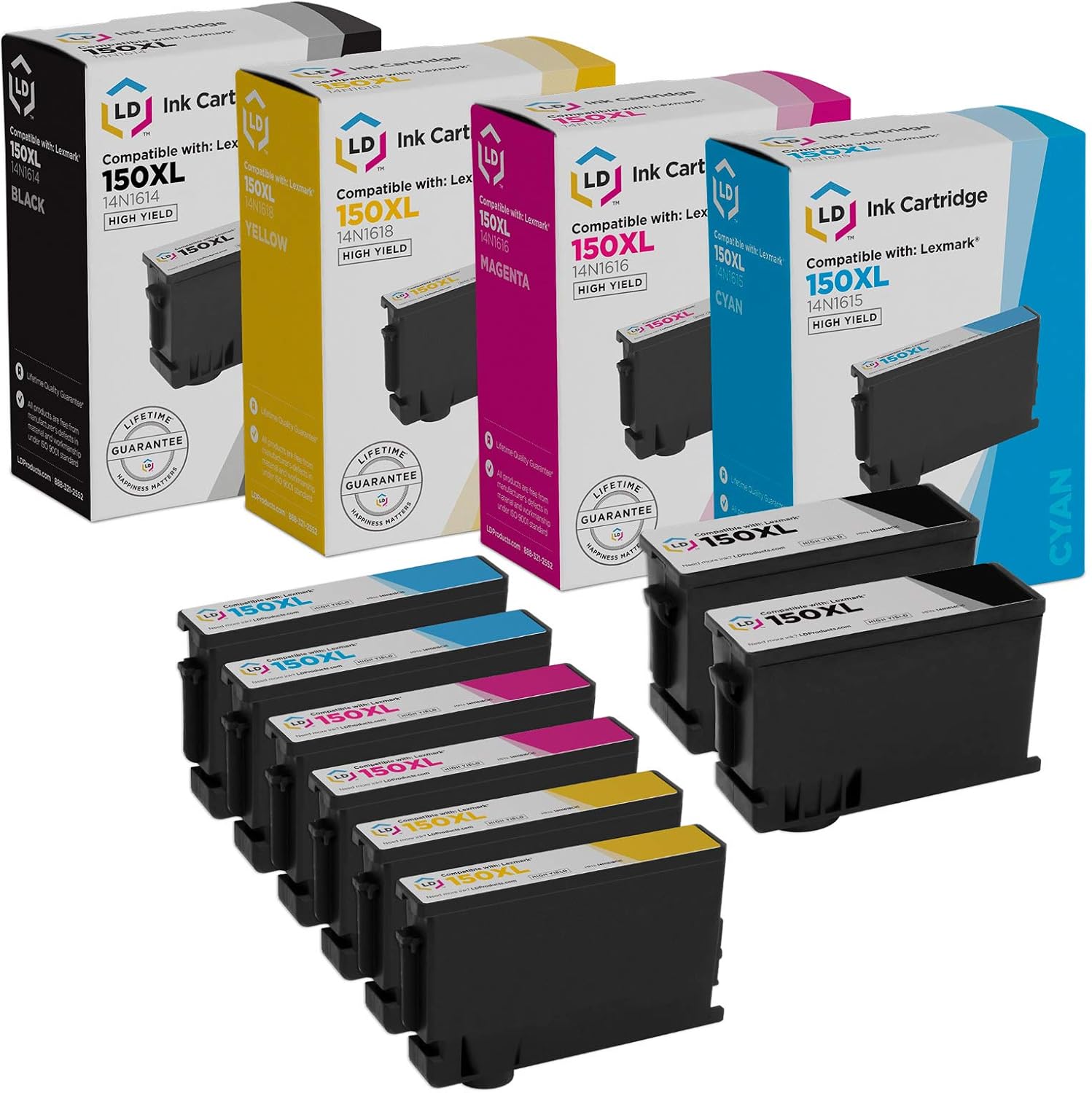 LD Products Compatible Ink Cartridge Replacements for Lexmark 150XL High Yield (2 Black, 2 Cyan, 2 Magenta, 2 Yellow, 8-Pack) for use in Pro715, Pro915, S315, S415, S515 Pack of 2