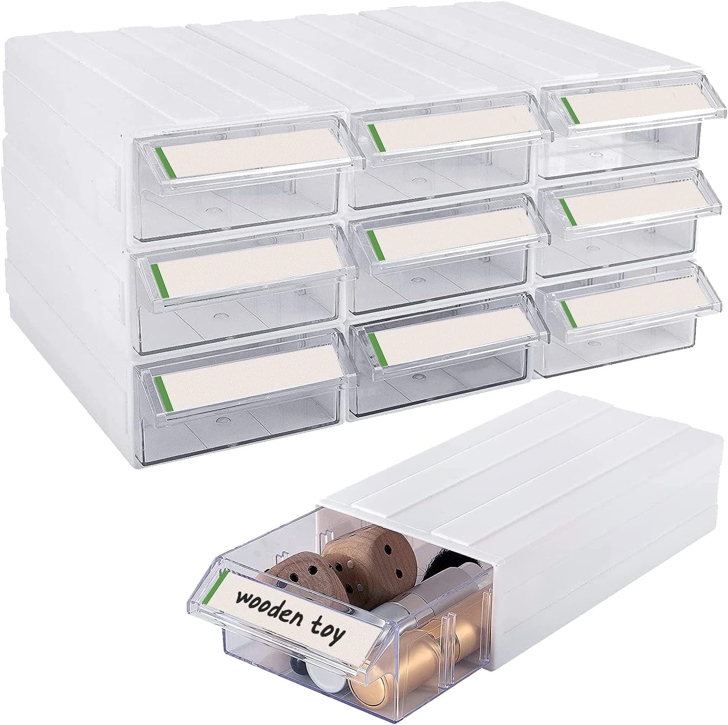 9 Pack Plastic Stacking Storage-in-Drawer Cabinet- Desktop& Wall Mounted 9 Drawer Storage Closet with 18pcs Clear Dividers Multifunctional Organizer Rack with 9pcs Tag Card for Home Office Small Items