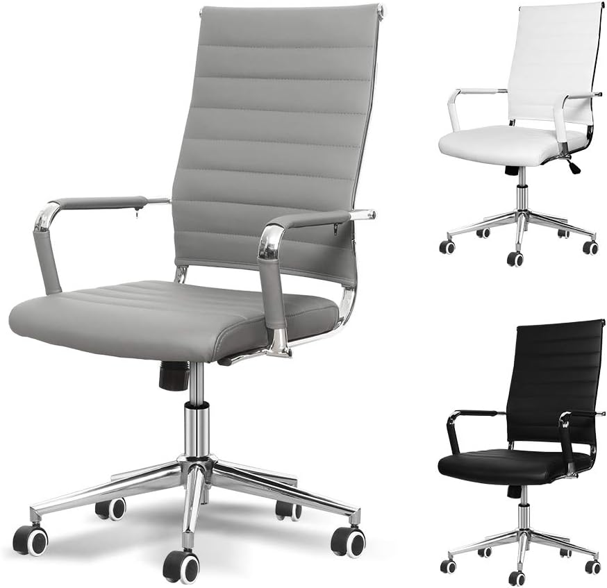 Okeysen Office Desk Chair, Ergonomic Modern High Back Ribbed, Height Adjustable Tilt, Upgraded Seat with Arm PU Wrap, Swivel Executive Conference Task Rolling Chair. (Gray)