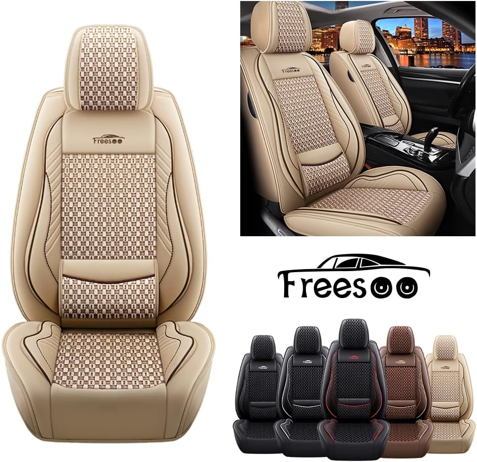 FREESOO Car Seat Covers Full Set, Leather Seat Cover with Lumbar Support Automotive Cushion Accessories Breathable Universal Fit 5 Seats Vehicle (Beige 9)