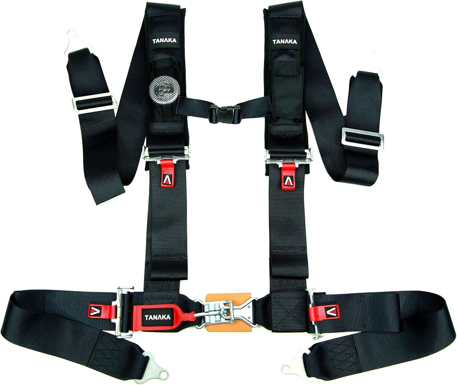 Tanaka Latch and Link 4-Point Safety Harness Set with Ultra Comfort Heavy Duty Shoulder Pads and Utility Pockets (for one seat) (Black)