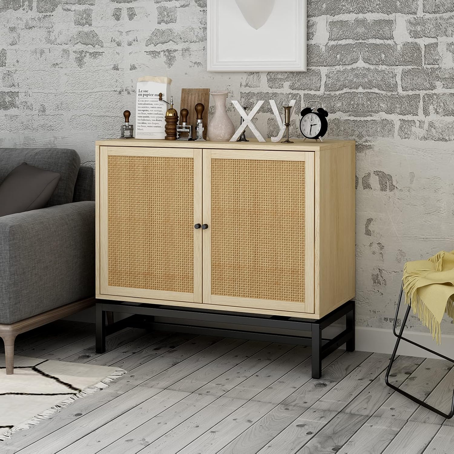 Buffet Cabinet with Storage, Rattan Sideboard with 2 Mesh Woven Door, Adjustable Shelves, 31.5 inch Bookmatch Accent Cabinet, Kitchen Buffet Storage Cabinet, 99Lbs Load Capacity, Antique Wood Finish