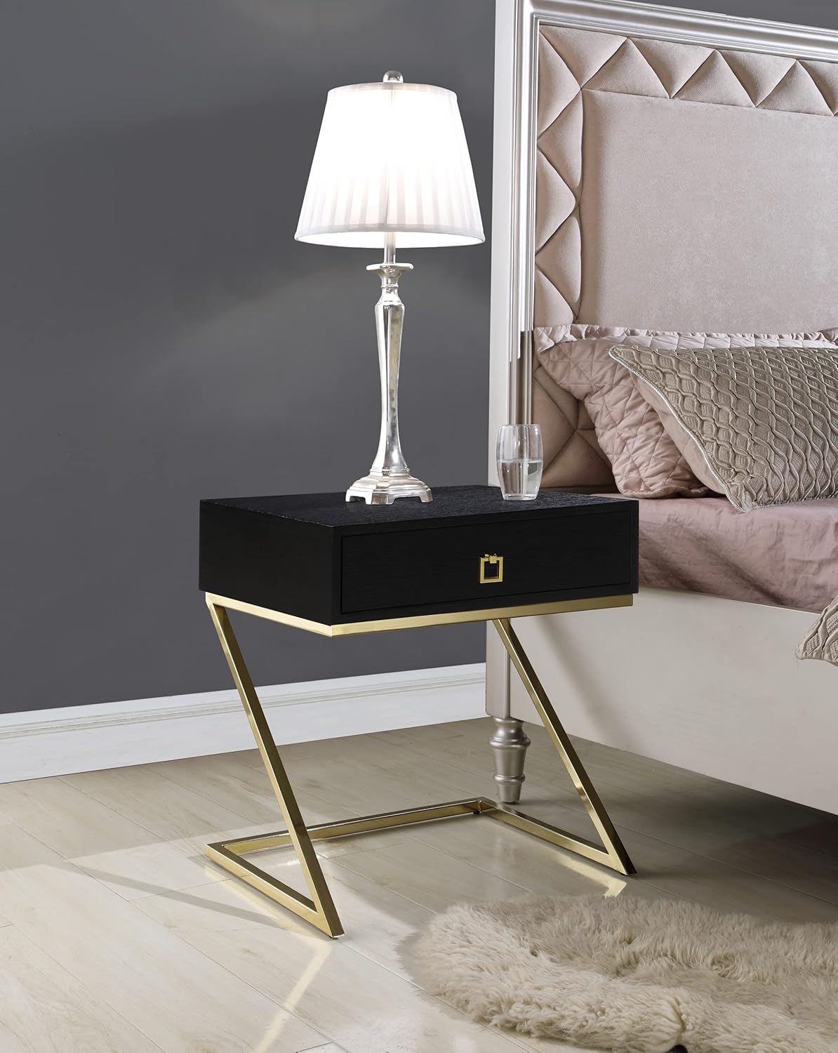 Iconic Home Nightstand Side Table With Self Closing Drawer Black