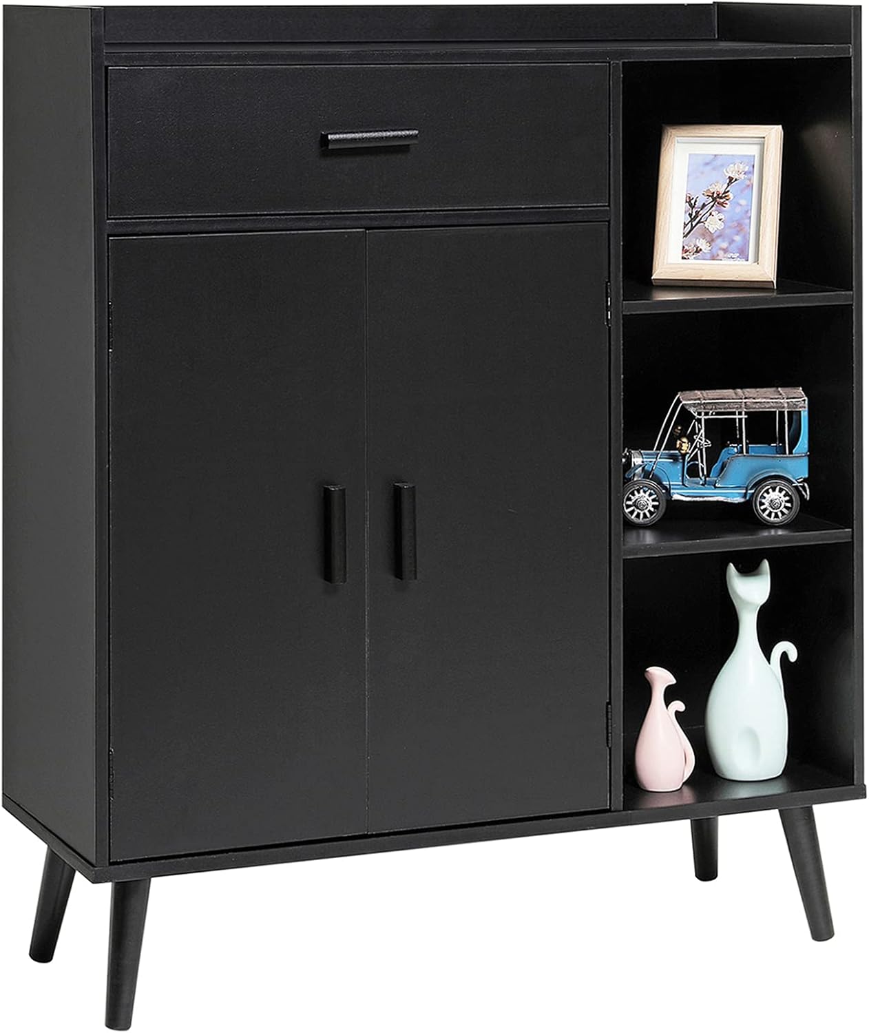 USIKEY Storage Cabinet with 1 Drawer and 2 Doors, Mid Century Floor Storage Cabinet with 3 Shelves, Wooden Sideboard, Cupboard for Living Room, Bedroom, Home Office, Black