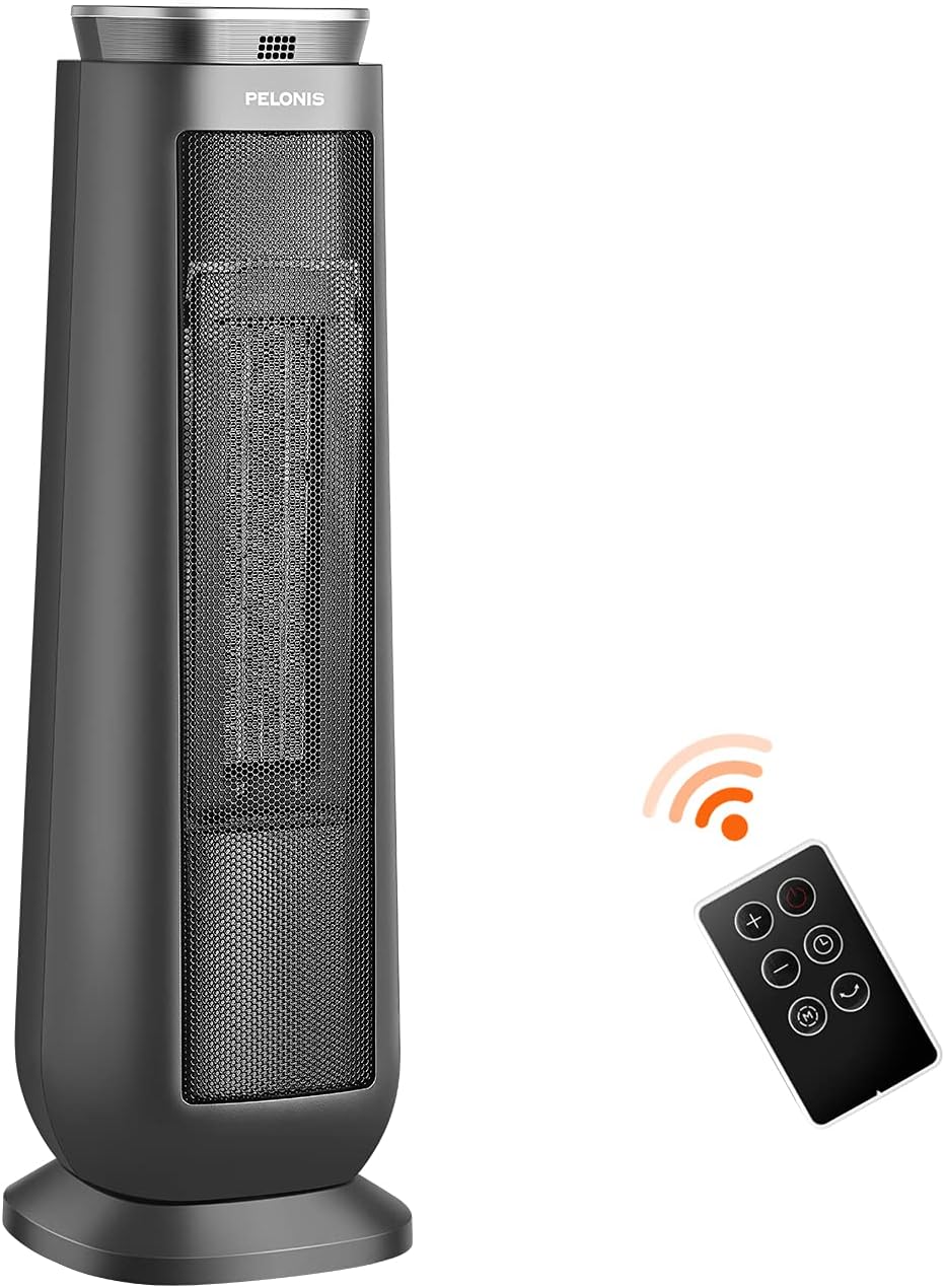 PELONIS PHTPU1501 Ceramic Tower 1500W Indoor Space Heater with Oscillation, Remote Control, Programmable Thermostat & 8H Timer, ECO Mode, Tip-Over Switch & Overheating Protection, White