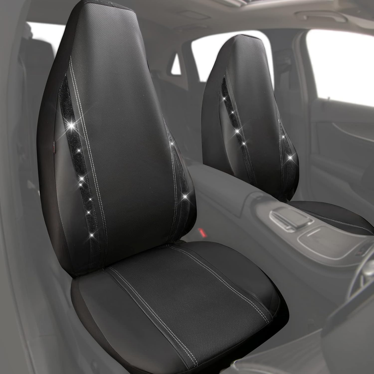 CAR-GRAND Rhinestone Diamond Bling Bling Car Seat Covers Full Set. PU&nbsp;Leather Universal Fit 95% Car, Airbag Compatible, Zipper Rear Seat (Black and Pink Glitter Crystal Sparkle Strips)