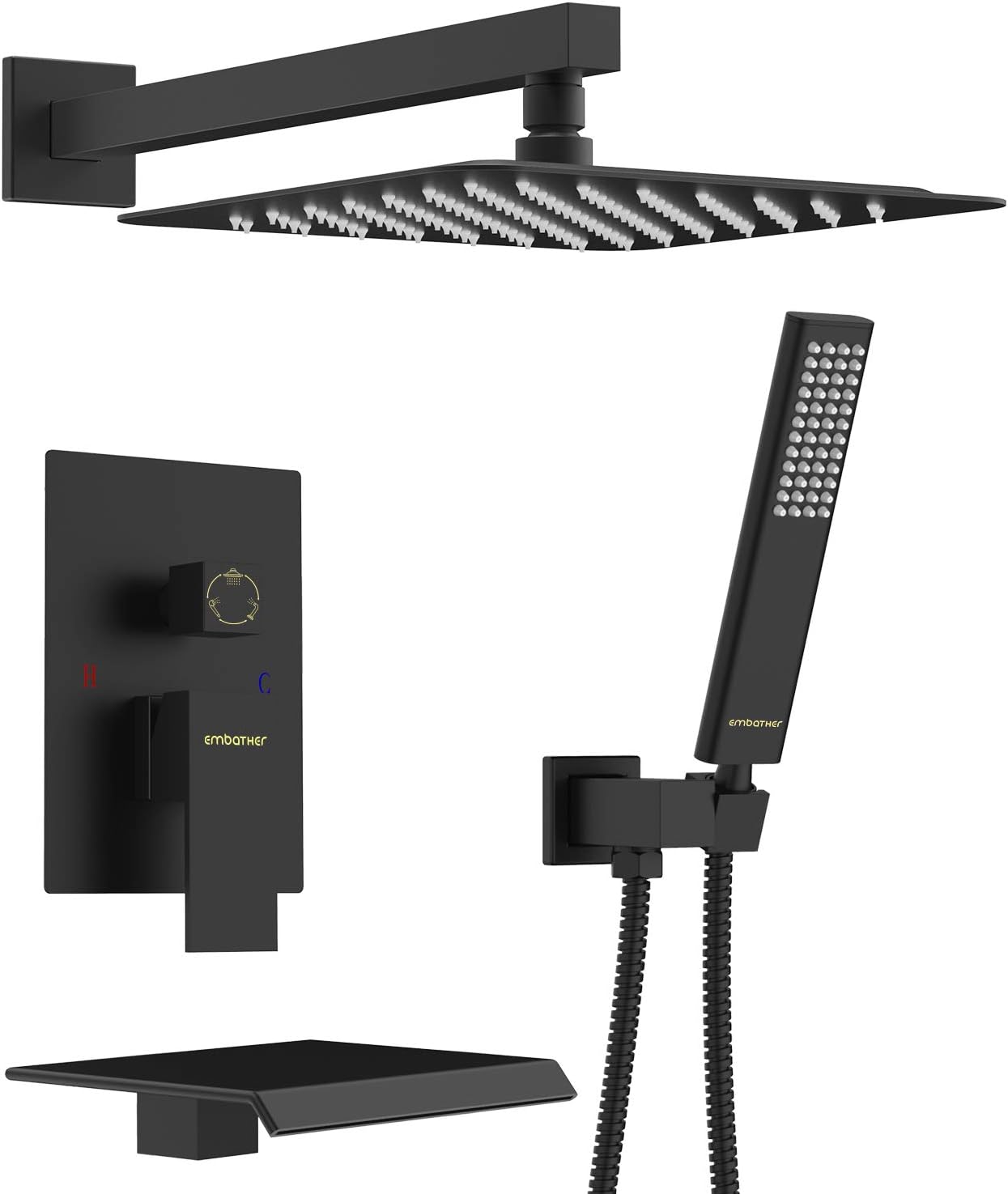 EMBATHER Black Shower System with Waterfall Tub Spout 12 inch Shower Tub Faucet Set Wall Mount wiht Rain Showerhead and Handhled(Contain Shower Faucet Rough-in Valve Body and Trim）