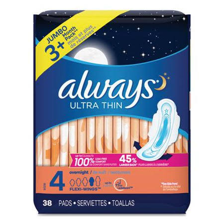 Ultra Thin Overnight Pads with Wings,38/Pack,6 Pack/Carton