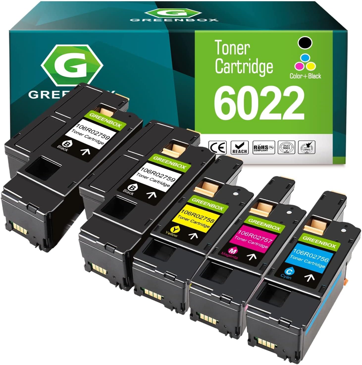 GREENBOX Remanufactured Toner Cartridge Replacement for Xerox WorkCentre 6027 6025 Phaser 6022 6020 (2 Black 106R02759 1 Cyan 106R02756 1 Magenta 106R02757 1 Yellow 106R02758) Pack of 2