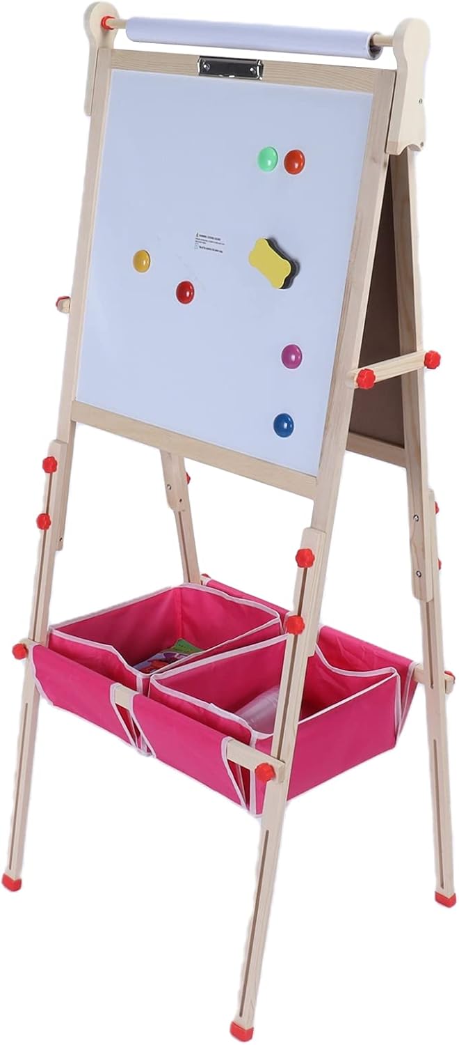 GOTOTOP Wooden Giant Magnetic Art Easel Adjustable Deluxe Standing Easel with Chalkboard Dry-Erase Board Paper Roll Paper Binder Clip and Drawing Accessories