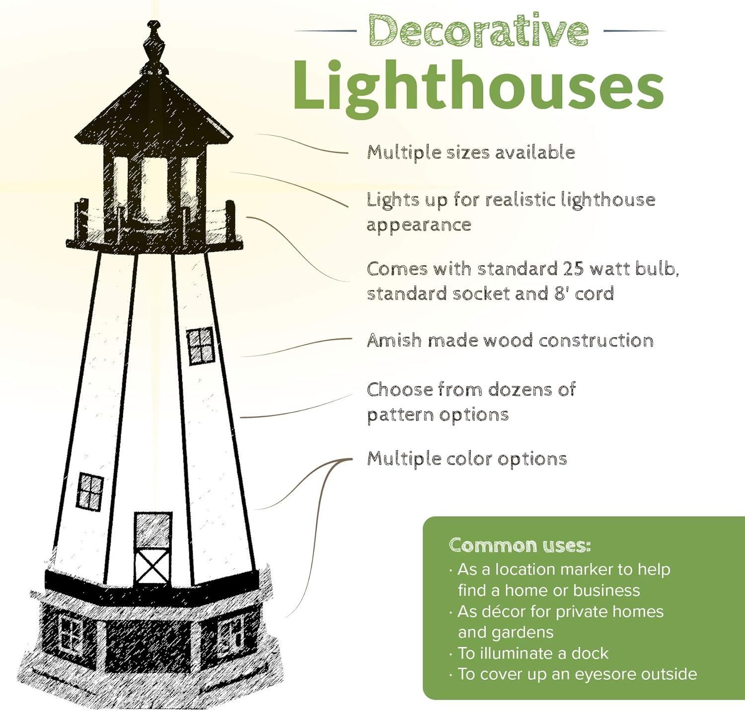 DutchCrafters Decorative Lighthouse - Wood, Tybee Island Style (Black/White, 3)