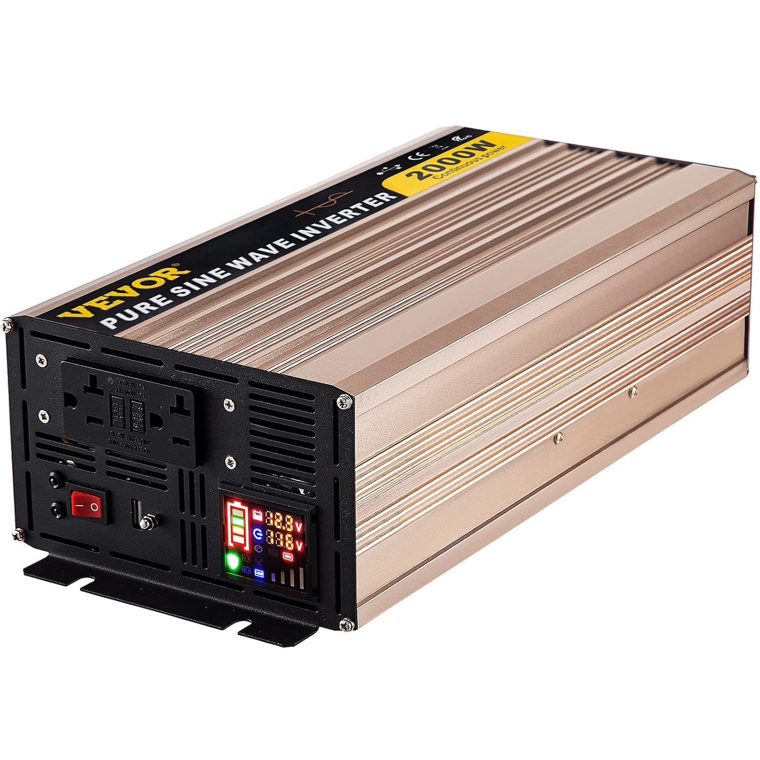 VEVOR Pure Sine Wave Inverter, 2000 Watt Power Inverter, DC 12V to AC 110V Car Inverter, with LCD Display 5V USB Port AC Outlets (GFCI) Power Converter for Car, RV Truck, Solar System, Travel Camping