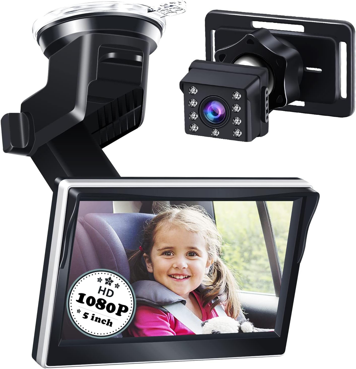 OCLKIS 1080P Baby Car Camera, 5 Inch Baby Monitor for Children Kids Infants, Baby Car Mirror in Rear Facing Back Seat, Safety Camera with Night Vision, Infrared Lights, Sucker Bracket, 150&deg; Wide View