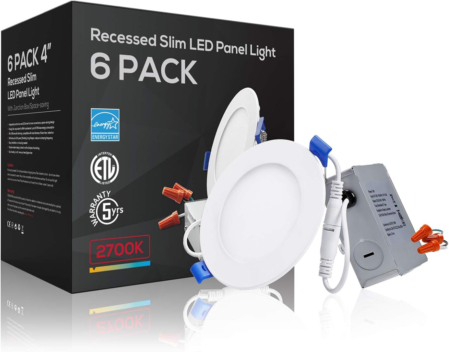 TORCHSTAR 6 Inch 12W Dimmable Slim LED Downlight with J-Box, 100W Eqv. Ultra Thin Recessed Lighting, 1000lm, 5000K Daylight, ETL & Energy Star Certified, Pack of 6 Pack of 2