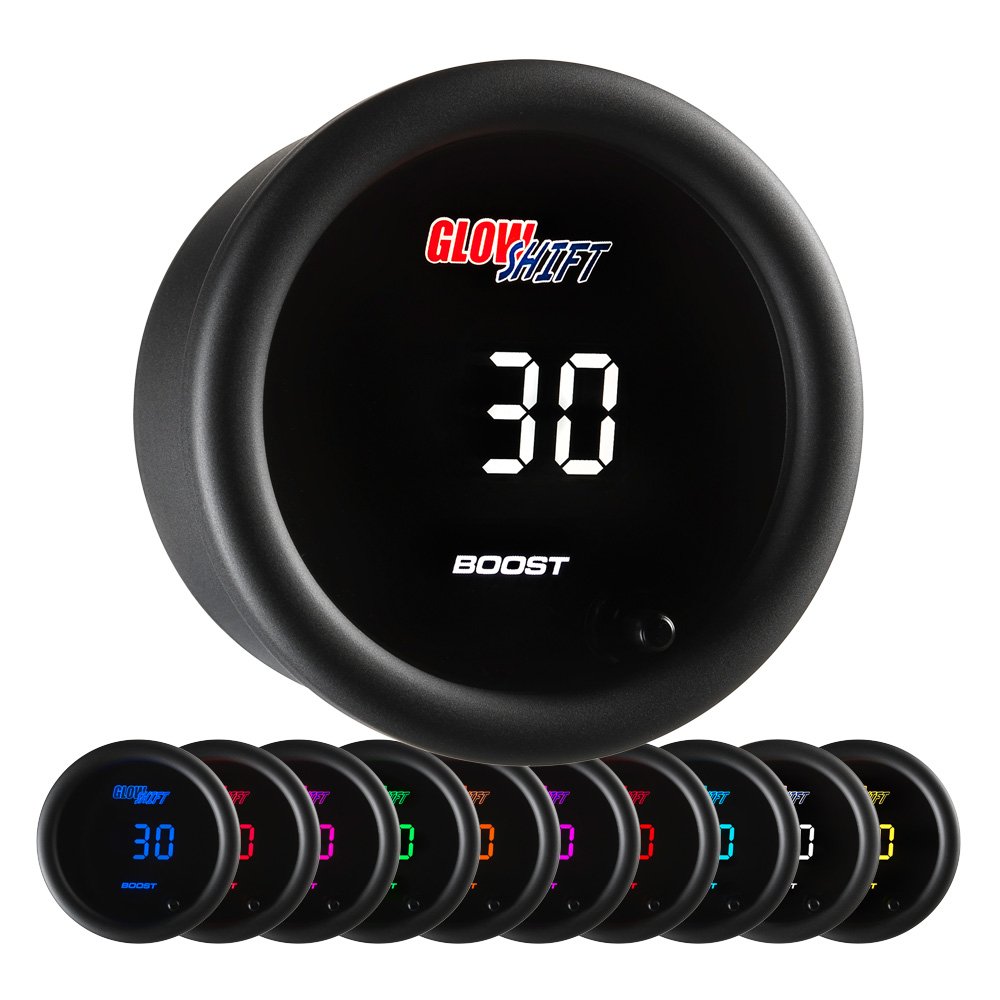 GlowShift 10 Color Digital 30 PSI Boost/Vacuum Gauge Kit - Includes Electronic Pressure Sensor - Multi-Color LED Display - Tinted Lens - for Car & Truck - 2-1/16