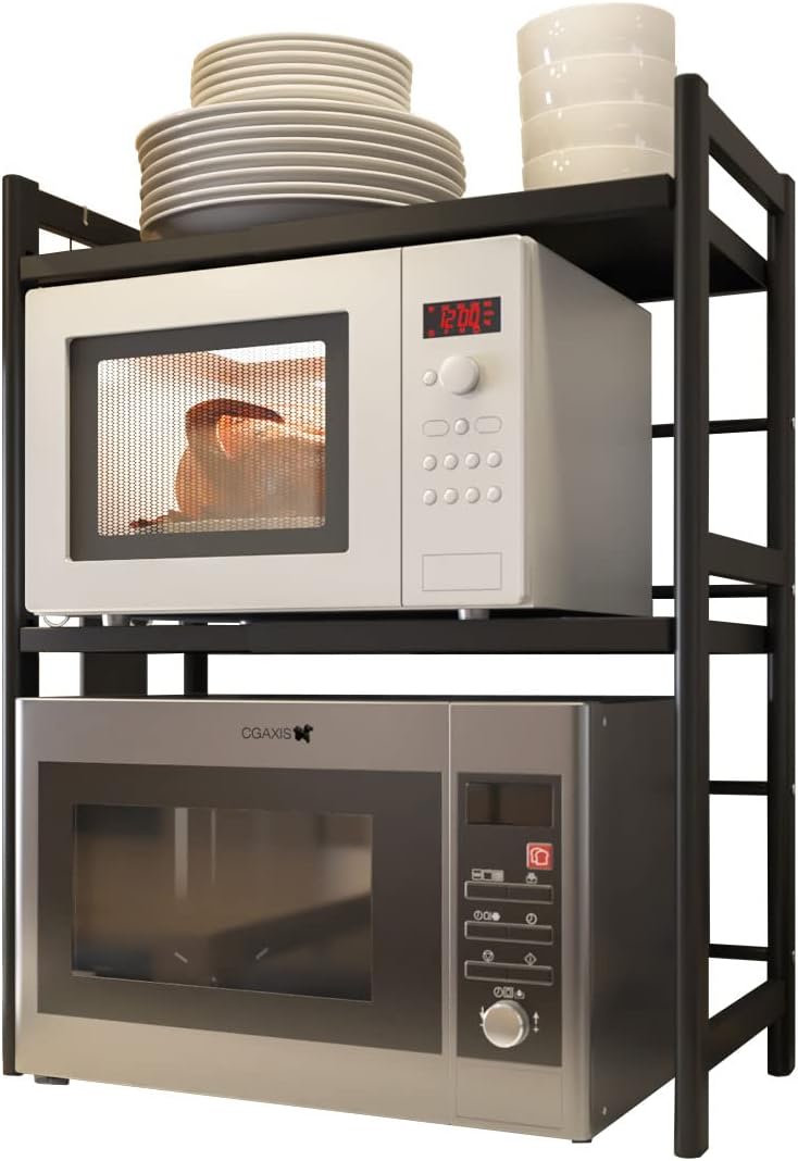 Expandable Microwave Oven Rack, 3 Tier Kitchen Countertop Storage Extension Shelf Free Standing Extendable Adjustable Toaster Organizer HAOYIXMS Metal Baker Workstation Shelving Retractable Racks