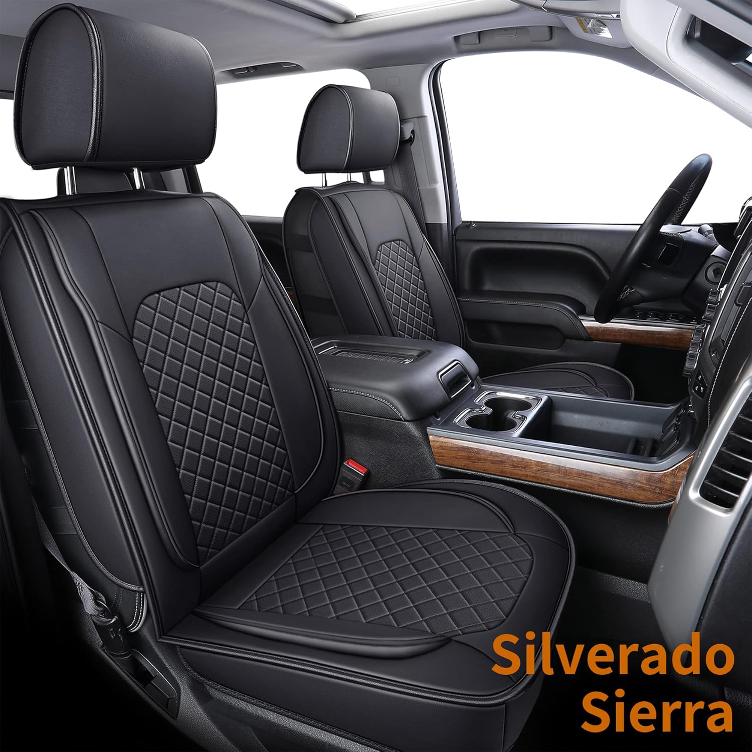 LUCKYMAN CLUB R04-HS4 Seat Covers, Fit for 2007-2021 Chevy Silverado GMC Sierra 1500/2500HD/3500HD Crew/Double/Extended Cab Water Proof Faux Leather with Center Console Cover(Front Set/Black 2pcs)