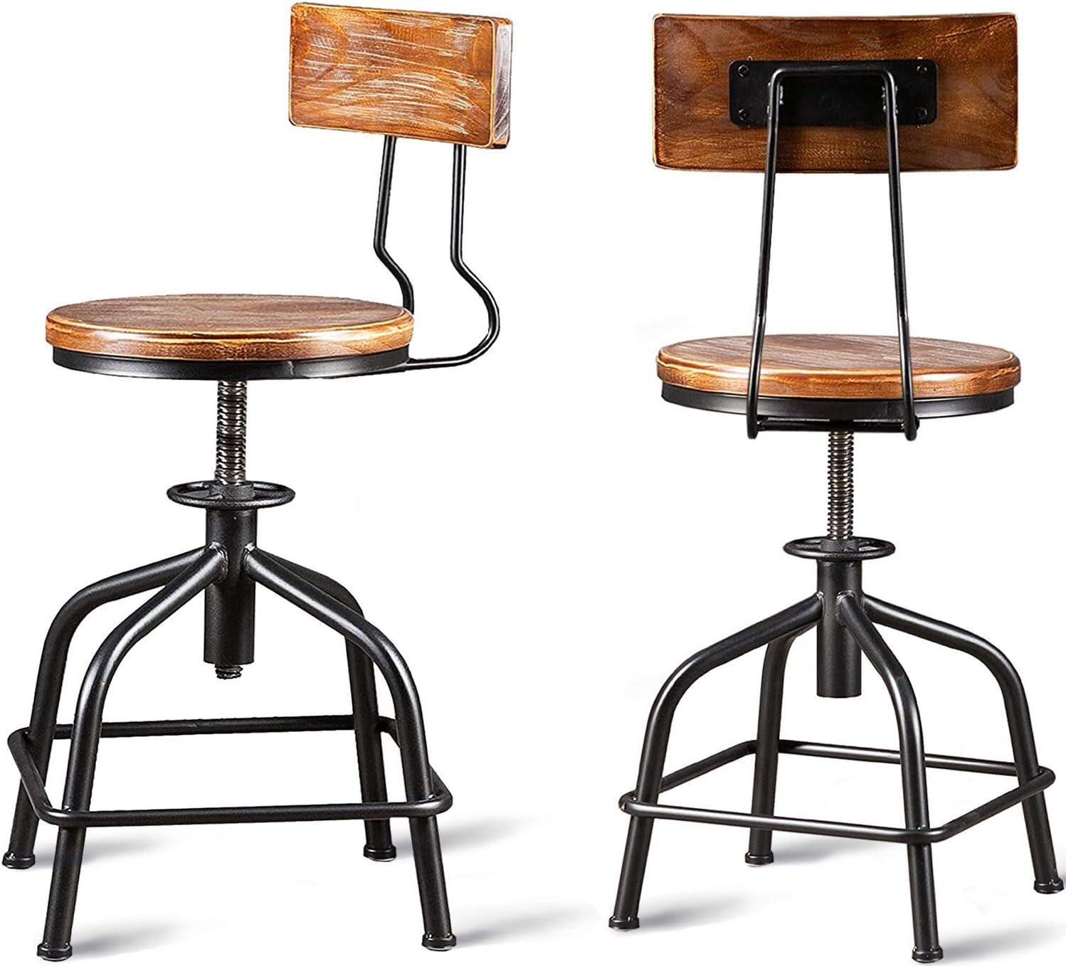 Topower American Antique Industrial Design Black Metal Bar Stool Adjustable Swivel Counter Stools Indoor House Design Set of 2 Iron (Black 2pcs, Iron Backrest)