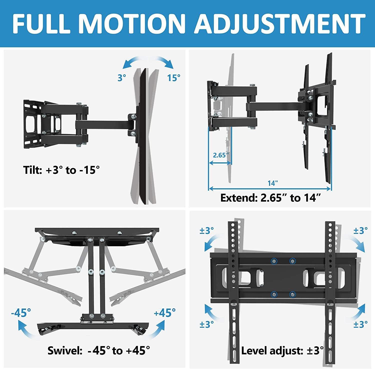 BLUE STONE Full Motion TV Wall Mount Bracket with Height Setting for Most 27-70 inch up to 121 lbs,VESA 400x400 mm,Dual Swivel Articulating Arms Tilt Rotation for Flat Screen,LED,4K Curved TVs Pack of 2