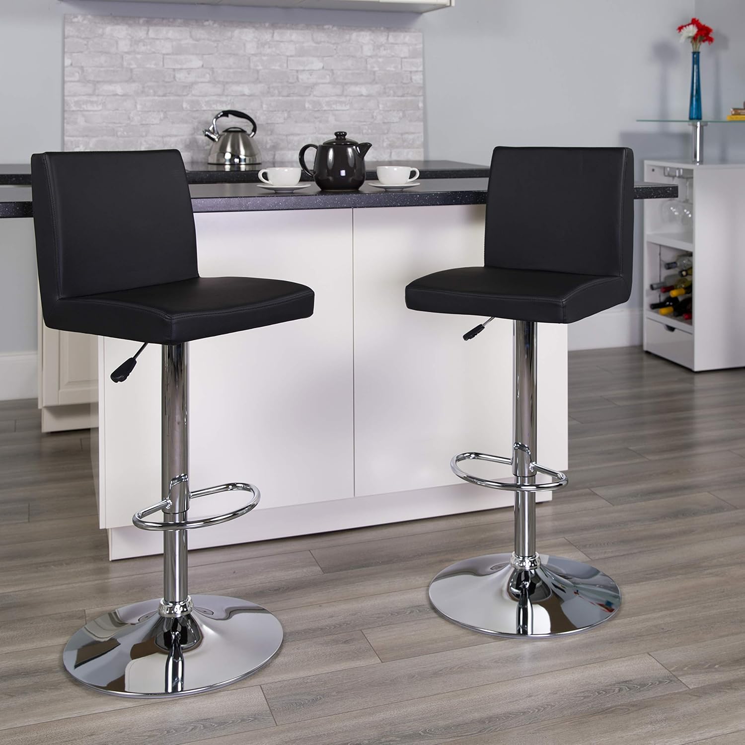 Flash Furniture 2 Pack Contemporary White Vinyl Adjustable Height Barstool with Panel Back and Chrome Base