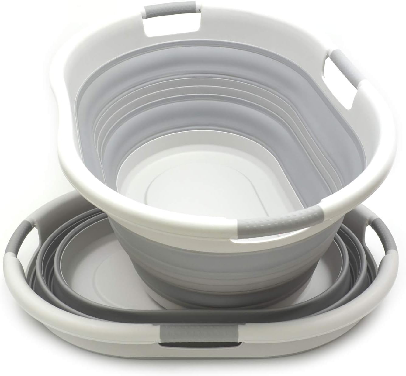 SAMMART 57L (15 Gallons) Collapsible 3-Handled Plastic Laundry Basket - Oval Tub - Portable Washing Tub-Space Saving Laundry Hamper, Water Capacity 44L / 11.6 Gallon (1, Grey) Pack of 2