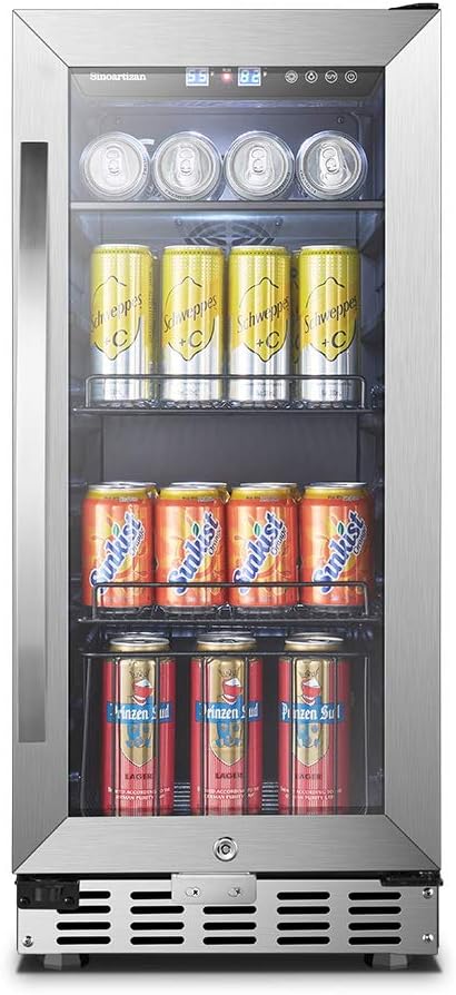 Sinoartizan 15 Inch Beverage Cooler Refrigerator - 70 Cans Capacity Built-in Mini Fridge with Glass Door
