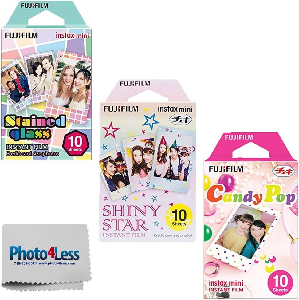 Fuji Instax Mini Stained Glass Instant Film, (10 Sheets) + Fuji Instax Mini Candy Pop Instant Film - (10 Sheets) + Fuji Instax Mini Shiny Star Instant Film - (10 Sheets) Pack of 2