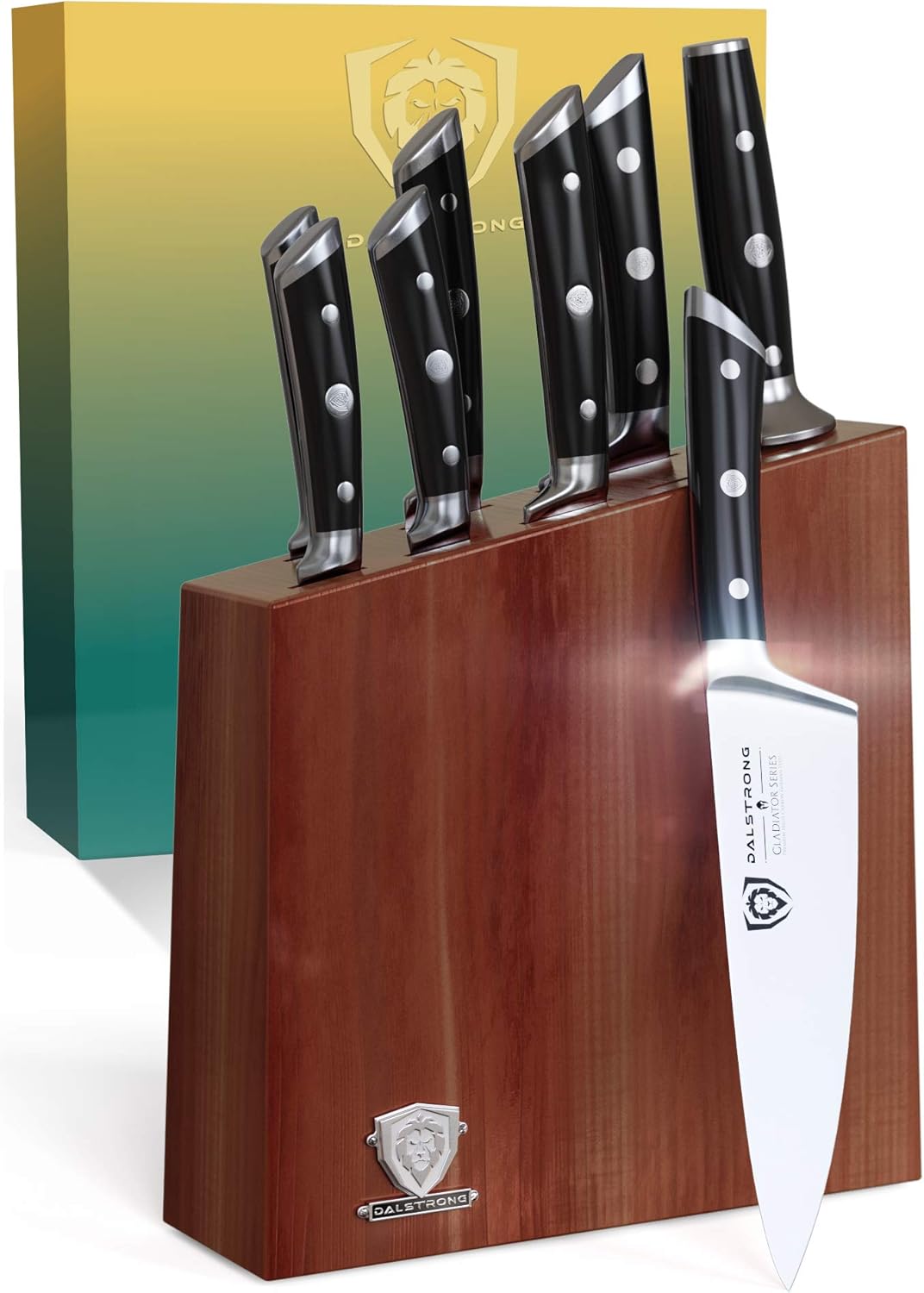 DALSTRONG Knife Block Set - 8 Piece - Gladiator Series - German HC Steel Knives - Acacia Wood Stand - Black ABS Handles - Kitchen Knife Set - Cutlery Set - NSF Certified