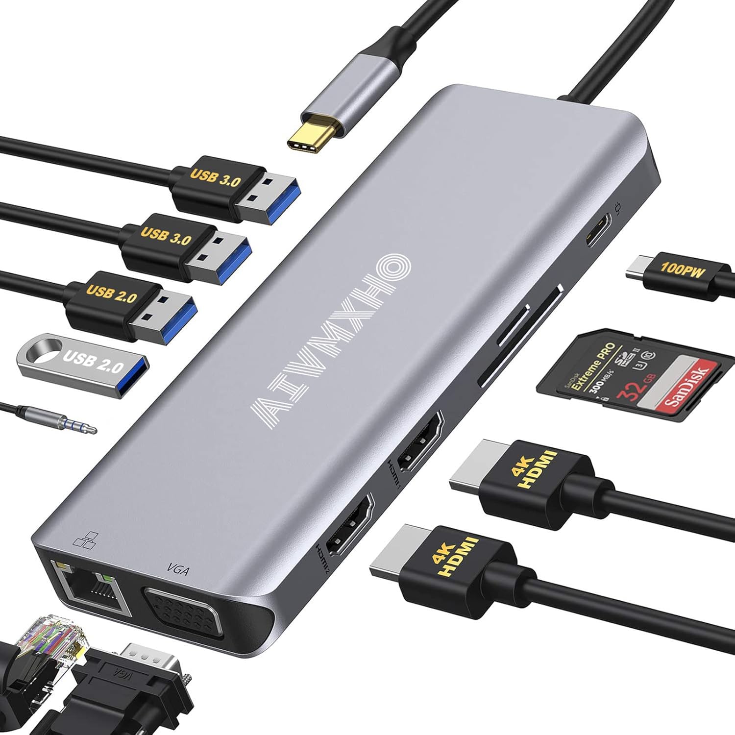 AIVMXHO USB C Laptop Docking Station, 12-in-1 USB C Hub with Dual 4K HDMI, VGA, Gigabit Ethernet, 2 USB 3.0, 2 USB 2.0, 100W PD, SD/TF Card Reader, AUX, for Type-C Laptops Pack of 2