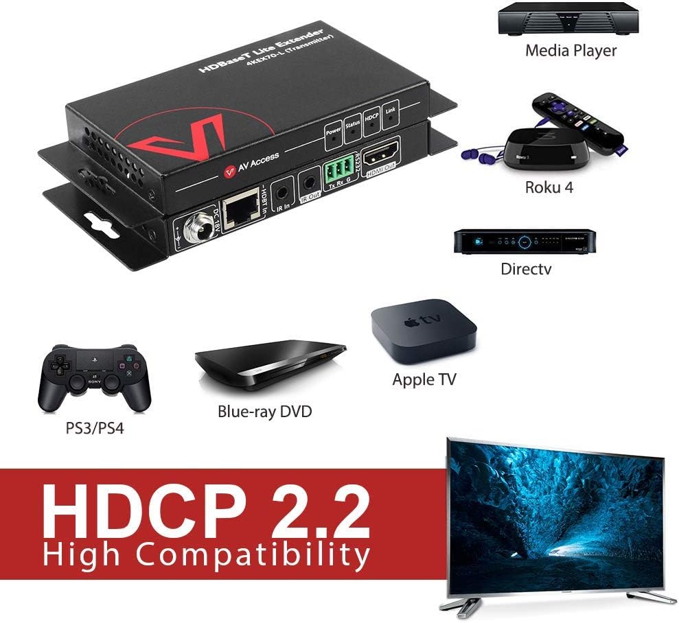 AV Access HDBaseT HDMI Extender Over Single Cat5e/6a/Cat7 Ethernet 4K@60Hz 130ft, 1080P@120Hz 230ft, PoE IR RS232 HDCP2.2, HDR, CEC, EDID (4KEX70-L)
