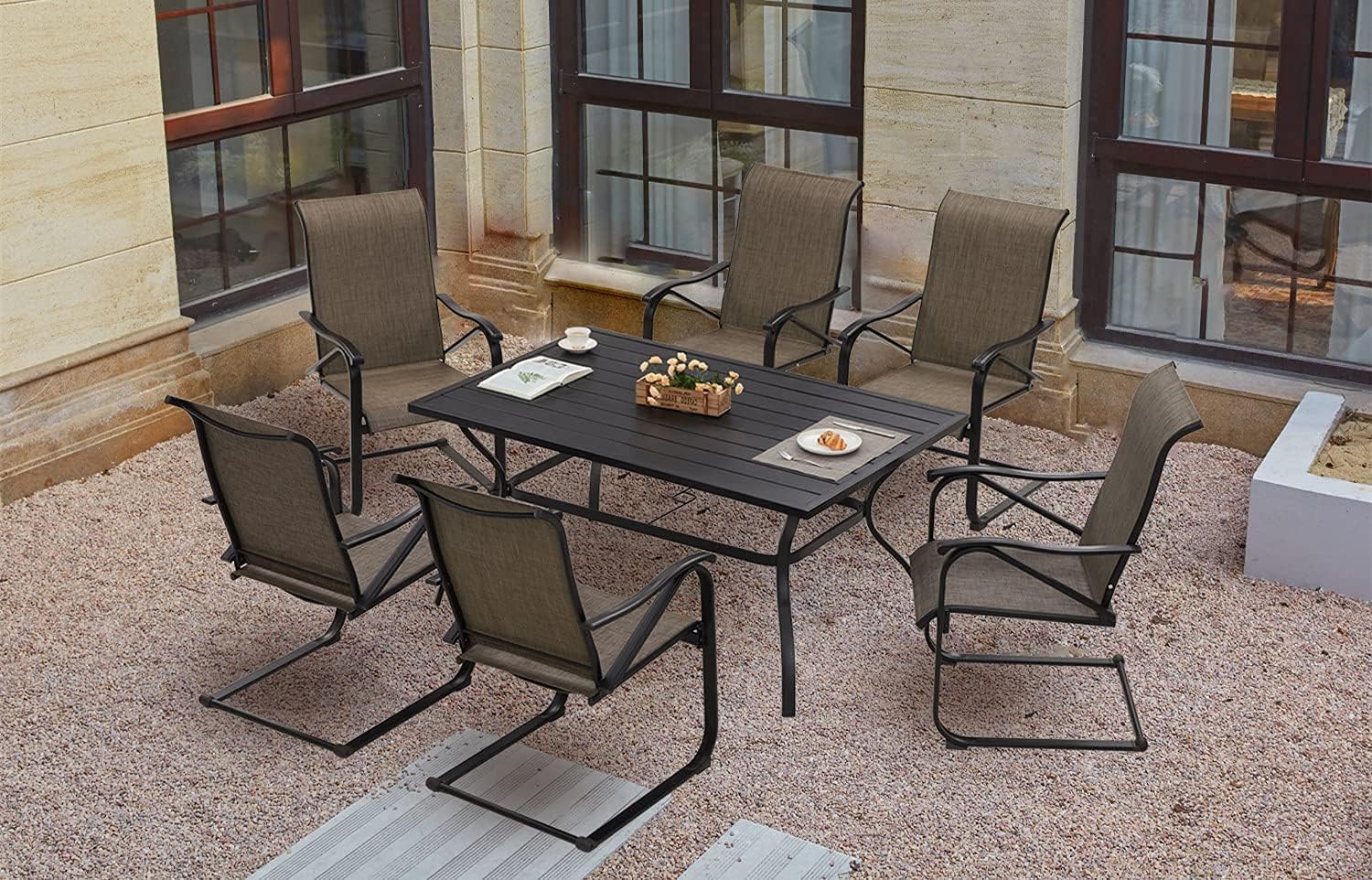 VICLLAX 5 Pcs Patio Dining Set, 1 Metal Dining Table and 6 Spring Motion Metal Patio Dining Chairs with High Back
