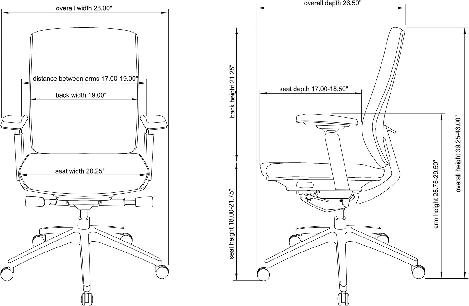 Lorell Mid-Back Adjustable Arms Chair, 43