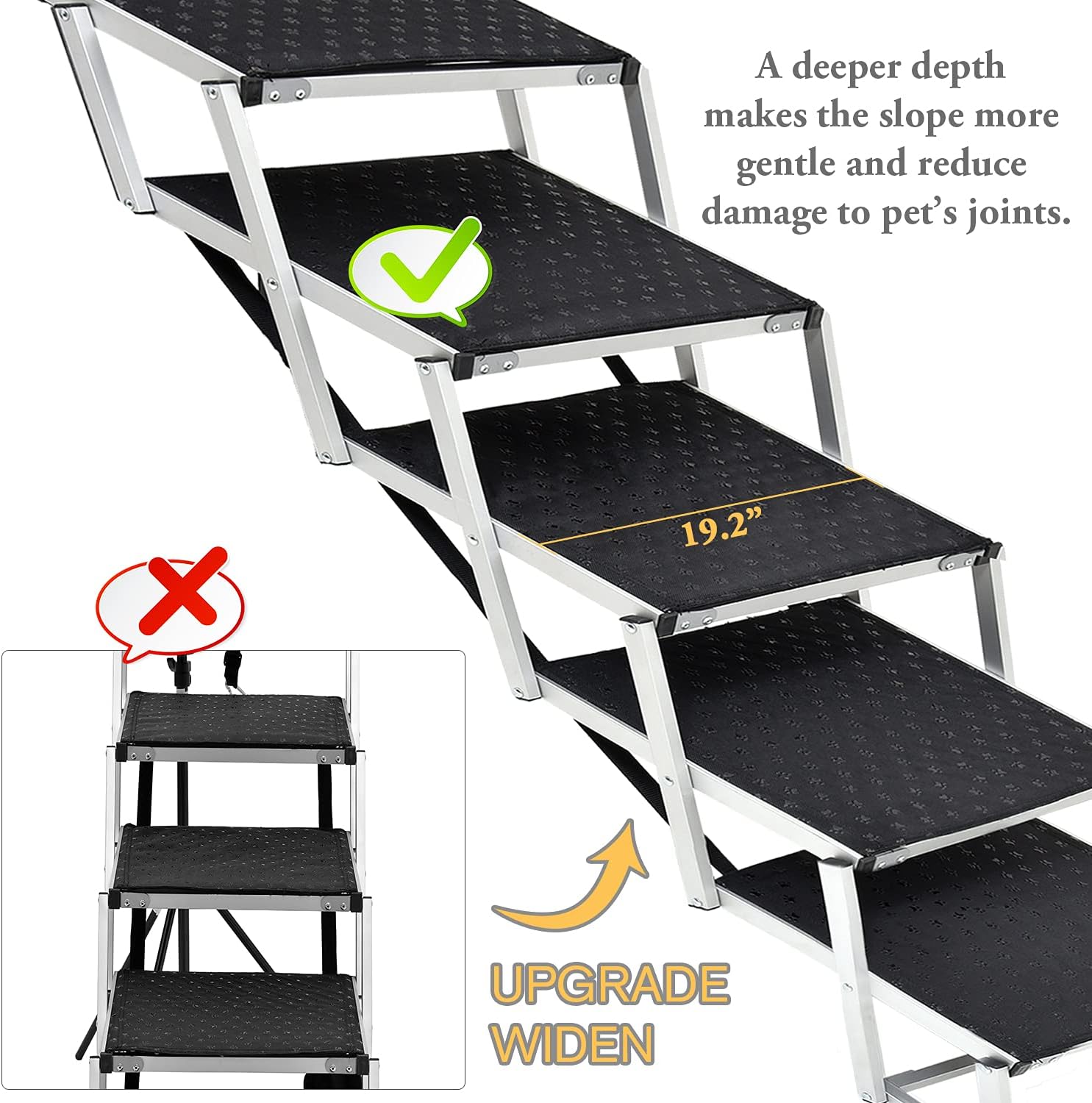 Extra Wide Dog Car Stair, 4-Step Folding Lightweight Aluminum Pet Ramp, 19.2” Widen Steps with Nonslip Surface Portable Ladder for High Bed, Cars, Trucks and SUVs, Support up to 130 Lbs Large Dog