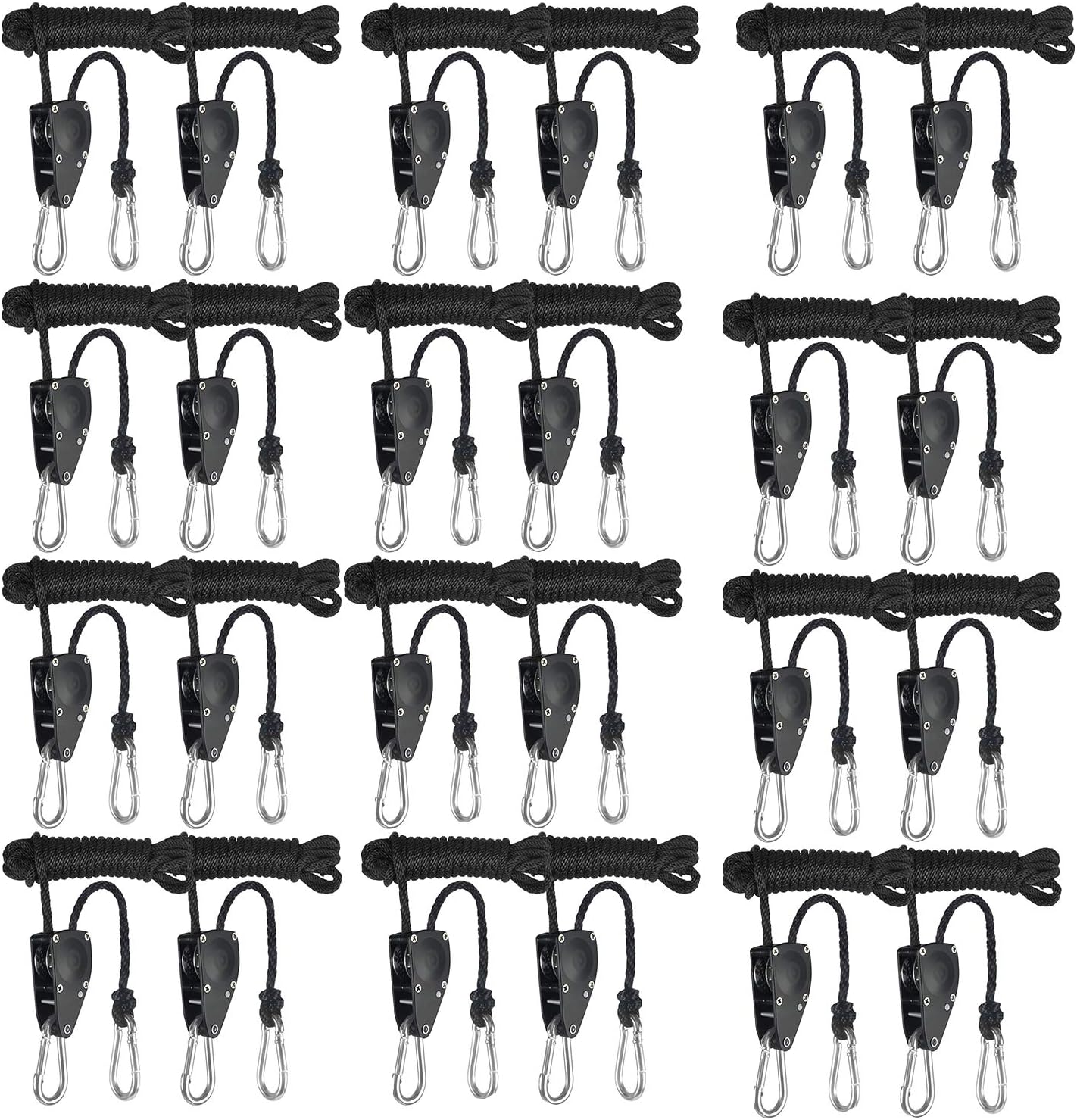 iPower GLROPEMG4X12 12-Pair 1/4 Inch 8-Feet Long Heavy Adjustable Duty Rope Clip Hanger Reinforced Metal, Black