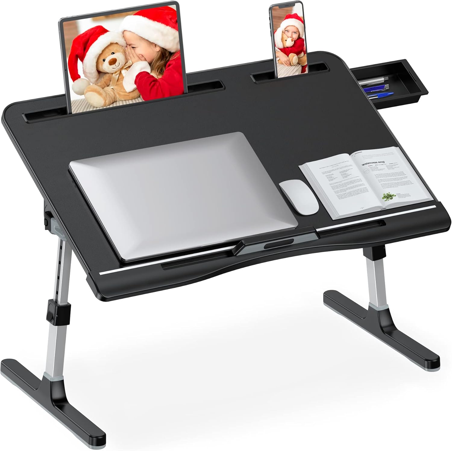 Bed Desk for Laptop, Adjustable Laptop Desk with Foldable Legs Storage Drawer Tablet Slot Removable Stopper, Portable Lap Desk for Writing Working Reading Eating (Large, Gray) Pack of 2