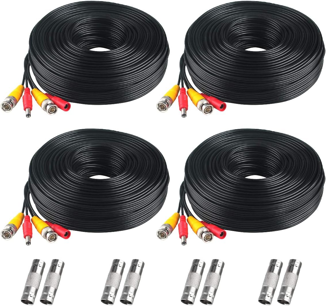 BNC Cable, 200ft 4Pack All-in-One Siamese Video and Power Security Camera Wire Cord with 2 Female Connectors for All Max 5MP HD CCTV DVR Surveillance System
