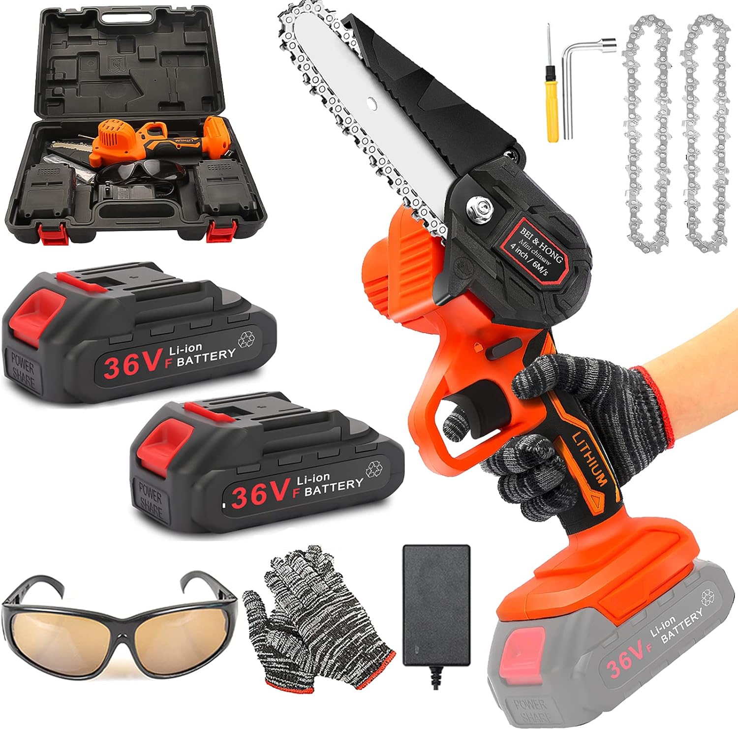 Mini Chainsaw Battery Powered with Security Lock, 4-Inch 36v Mini Electric Chain Saw Cordless, Handheld Mini Pruning Shears Small Chainsaw for Tree Trimming Wood Cutting Pack of 2