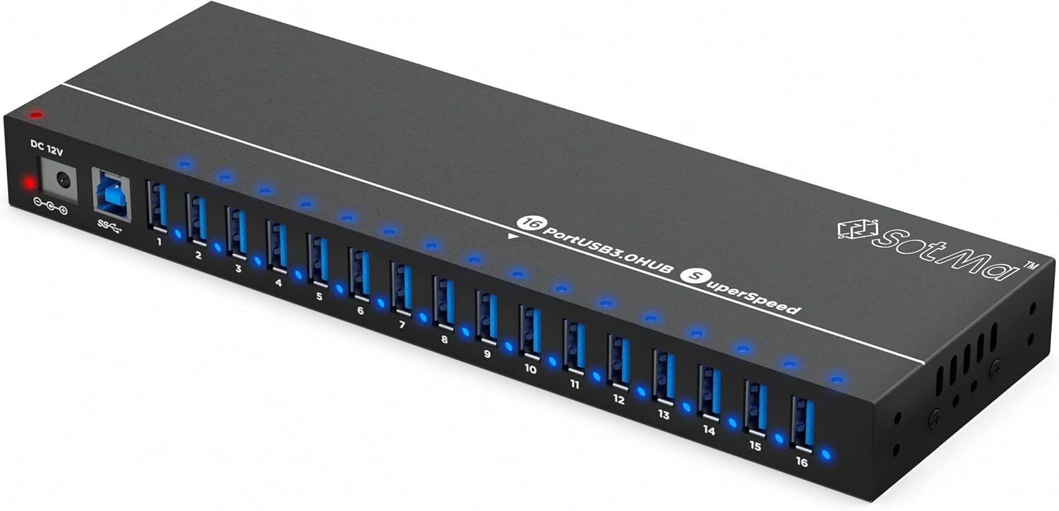 Multi-Safety Protection USB Splitter - 16 Port Powered USB Hub 3.0 with AC Adapter (12V / 10A) - Aluminium USB 3.0 Hub with LEDs - High Speed - Hub for Multiple Devices - Powered USB 3.0 Hub