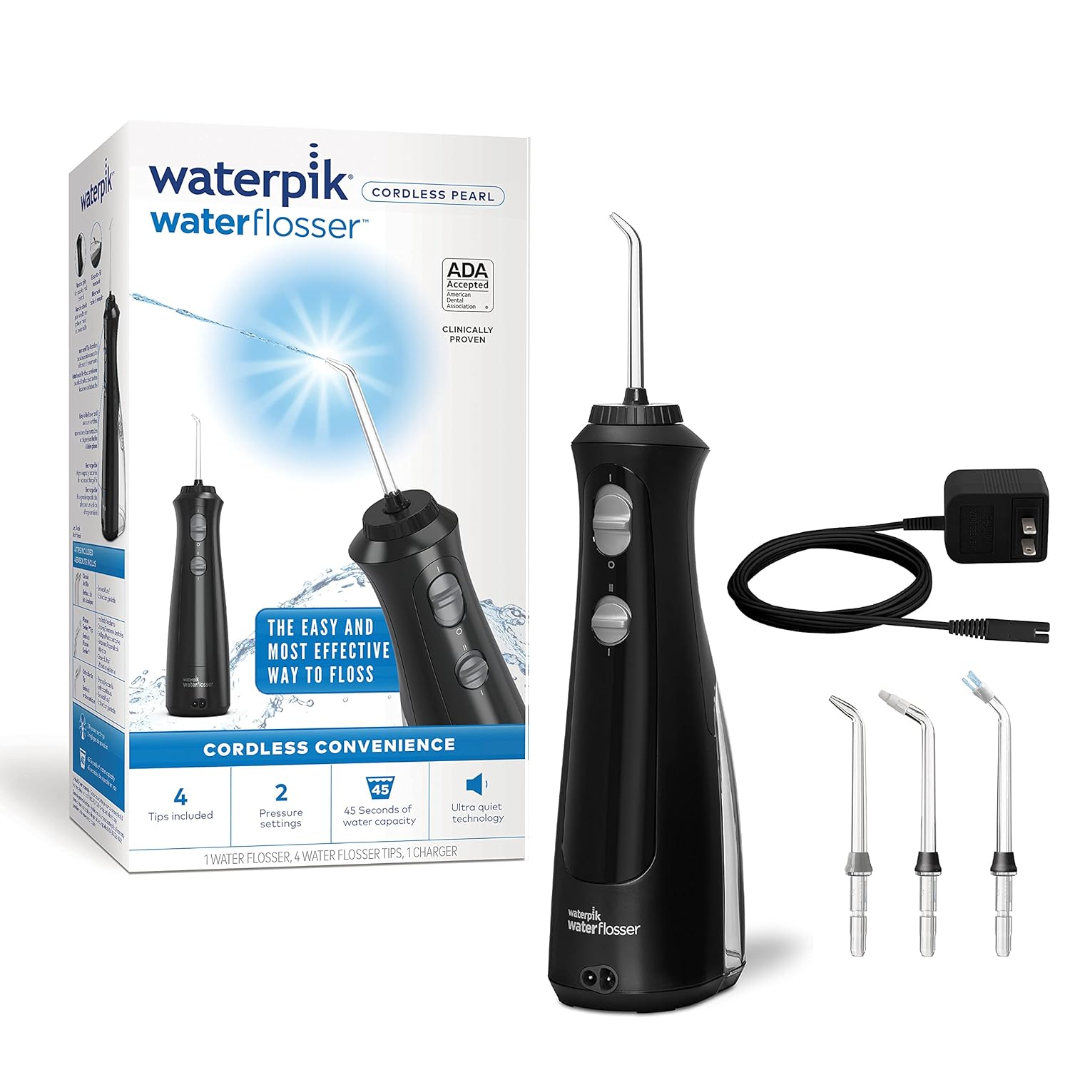 Waterpik Cordless Pearl Rechargeable Portable Water Flosser for Teeth, Gums, Braces Care and Travel with 4 Flossing Tips, ADA Accepted, WF-13 White Pack of 2
