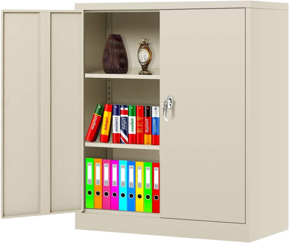 Black Metal Storage Cabinet Locking Steel SnapIt Storage Cabinet with 2 Doors and 2 Adjustable Shelves, Counter Height Lockable Metal Welded Cabinet for Office,Garage, Home Greenvelly