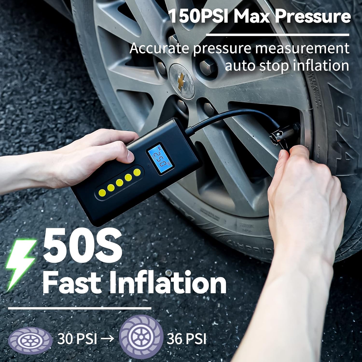 Ocatex Portable Tire Inflator, 150PSI Electric Bike Pump Rechargeable, Air Pump for Bike Car Motor Ball, Air Compressor with LED Lights,Power Bank, Black Pack of 2