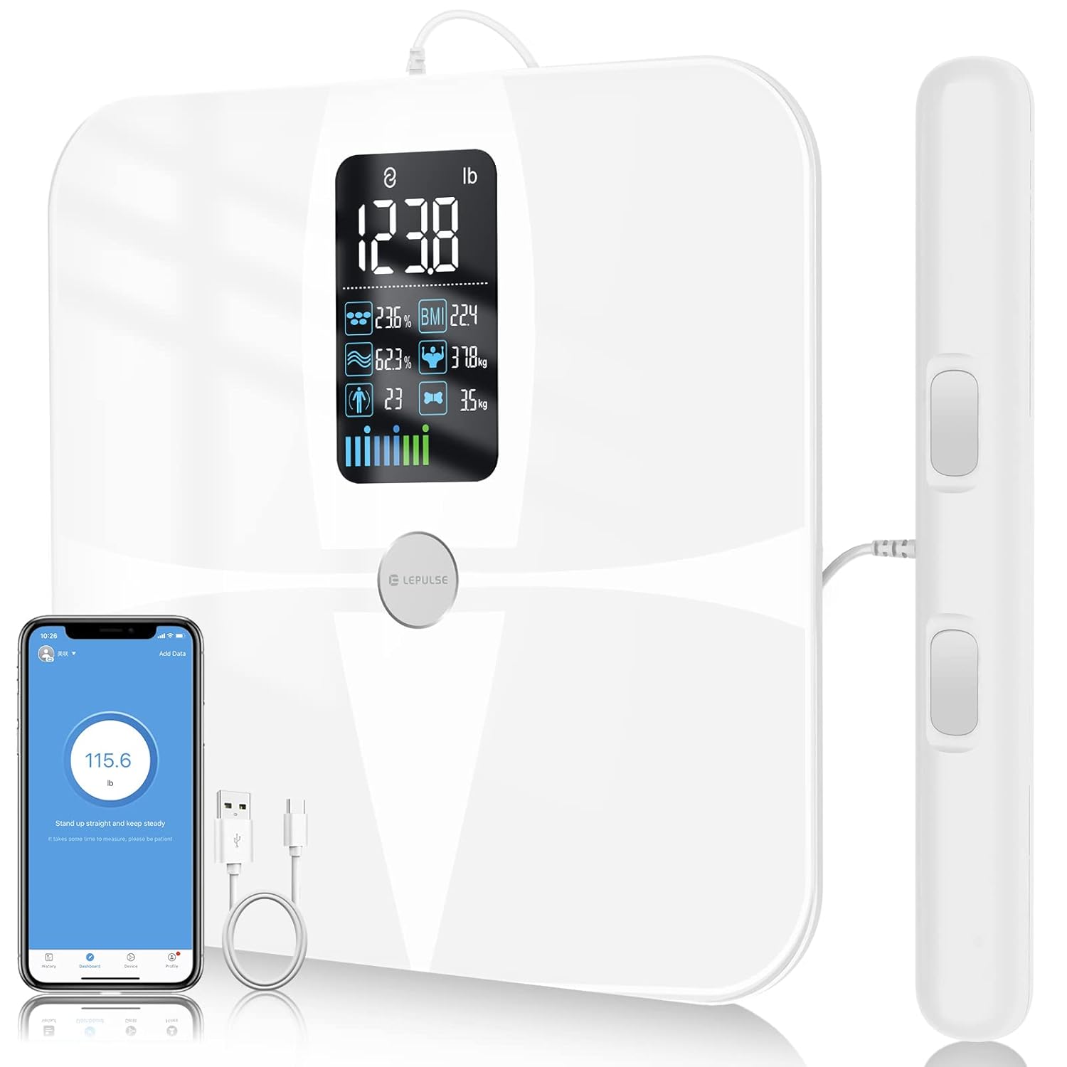 Scales for Body Weight and Fat, Lepulse Large Display Body Fat Scale with 8 Electrodes, Rechargeable Digital Bathroom Weight Scale, High Accurate BMI Smart Scale, 13 Body Compositions Monitor with App
