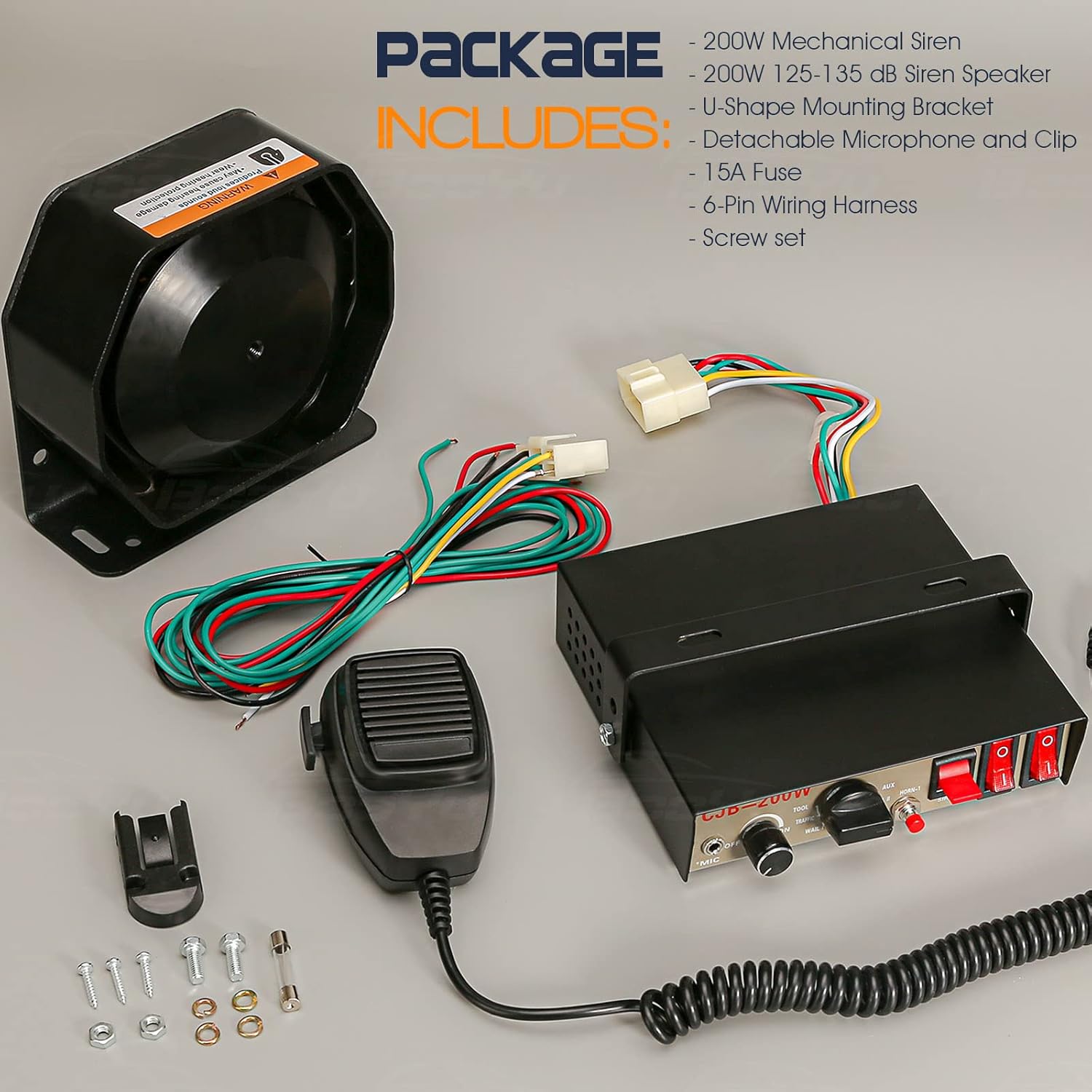 BooYu 12V 200W 9 Tones Police Warning Emergency Siren PA System [Slim Speaker][125-135dB][Handheld Microphone][Hands-Free][2 x 15A Switches] for Firefighter Ambulance Vehicles Truck Car SUV ATV UTV Pack of 2