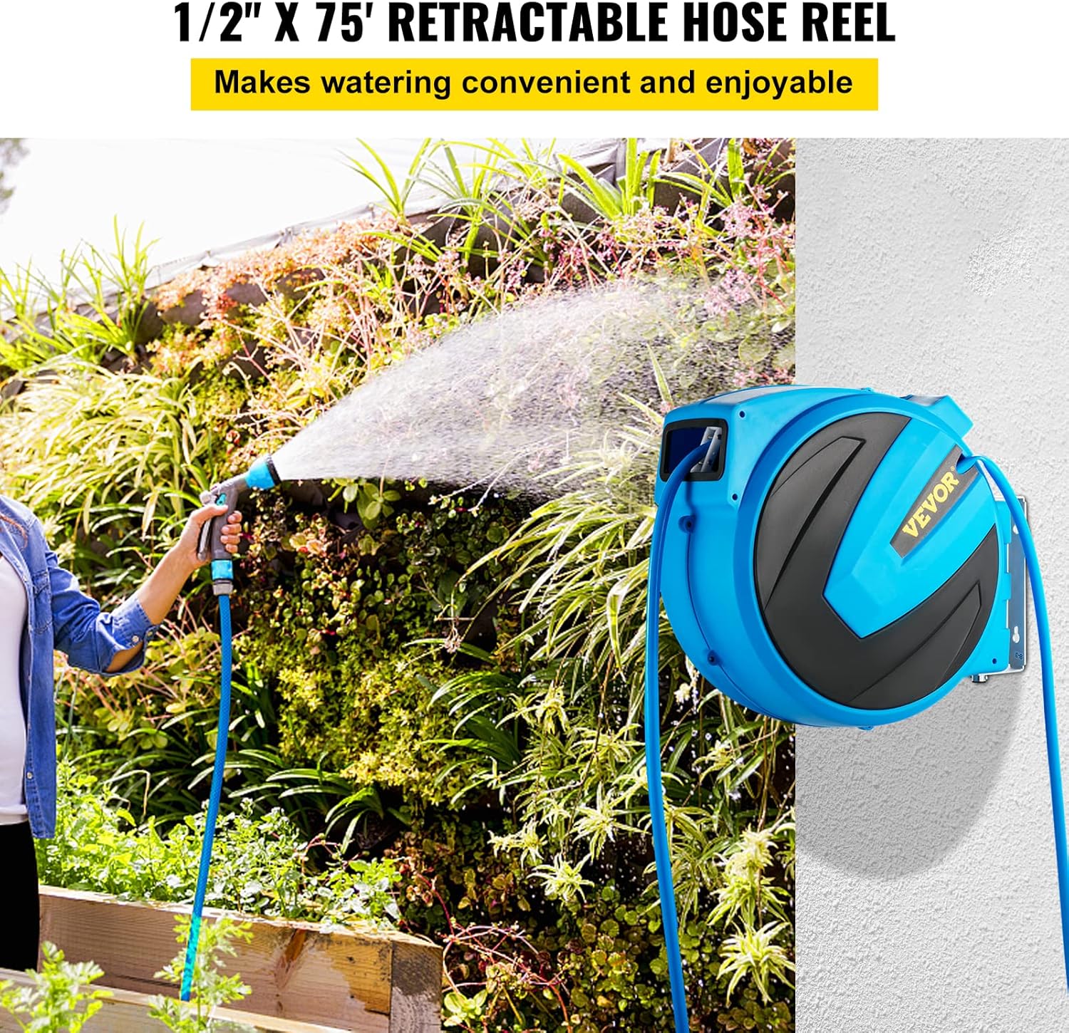 VEVOR Retractable Hose Reel, 1/2 inch x 75 ft, Any Length Lock & Automatic Rewind Water Hose, Wall Mounted Garden Hose Reel w/ 180&deg; Swivel Bracket and 7 Pattern Hose Nozzle, Blue