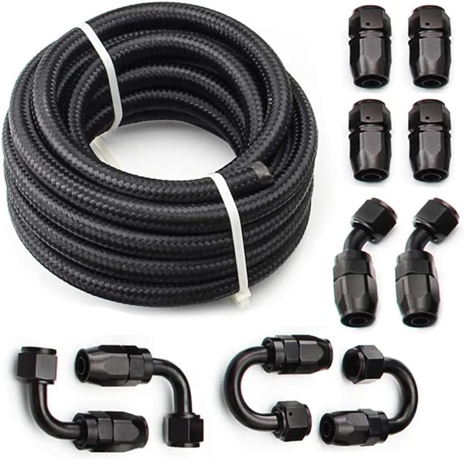 8AN 20Ft Universal Braided Oil Fuel Line Hose Stainless Steel Nylon CPE with 10PC Swivel Fitting Hose Ends Adapter Kit-Black Pack of 2