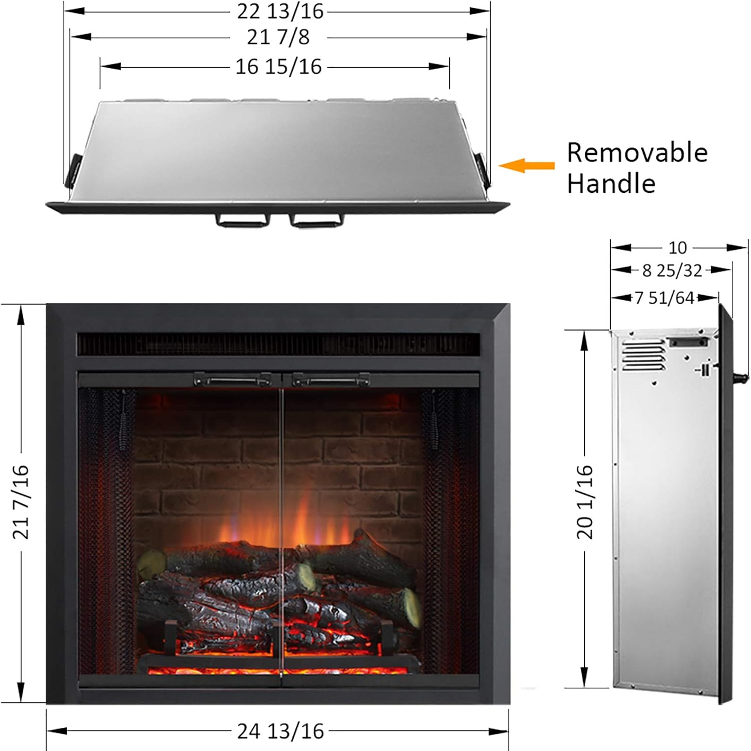 PuraFlame Klaus Electric Fireplace Insert with Fire Crackling Sound, Glass Door and Mesh Screen, 750/1500W, Black, 22 13/16 Inches Wide, 20 1/16 Inches High